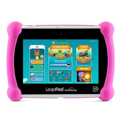 LeapFrog LeapPad Academy Pink child using tablet to learn reading and math.