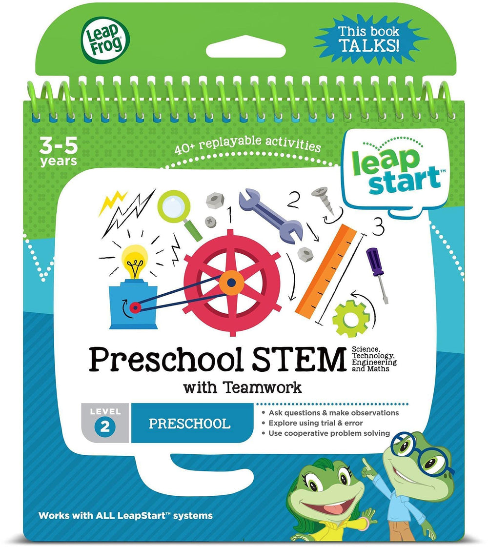 LeapFrog LeapStart Pre-K activity book cover with vibrant characters guiding STEM exploration.
