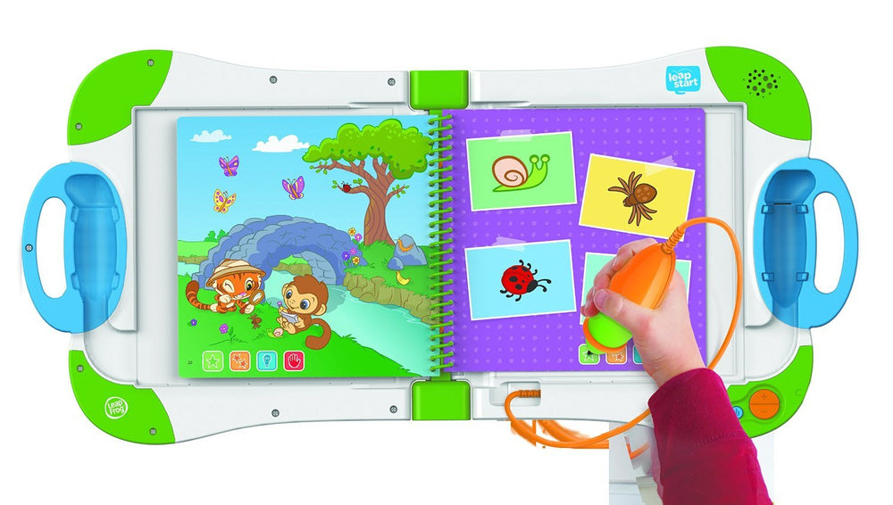 Closeup of replayable activities in LeapStart book for skill practice.