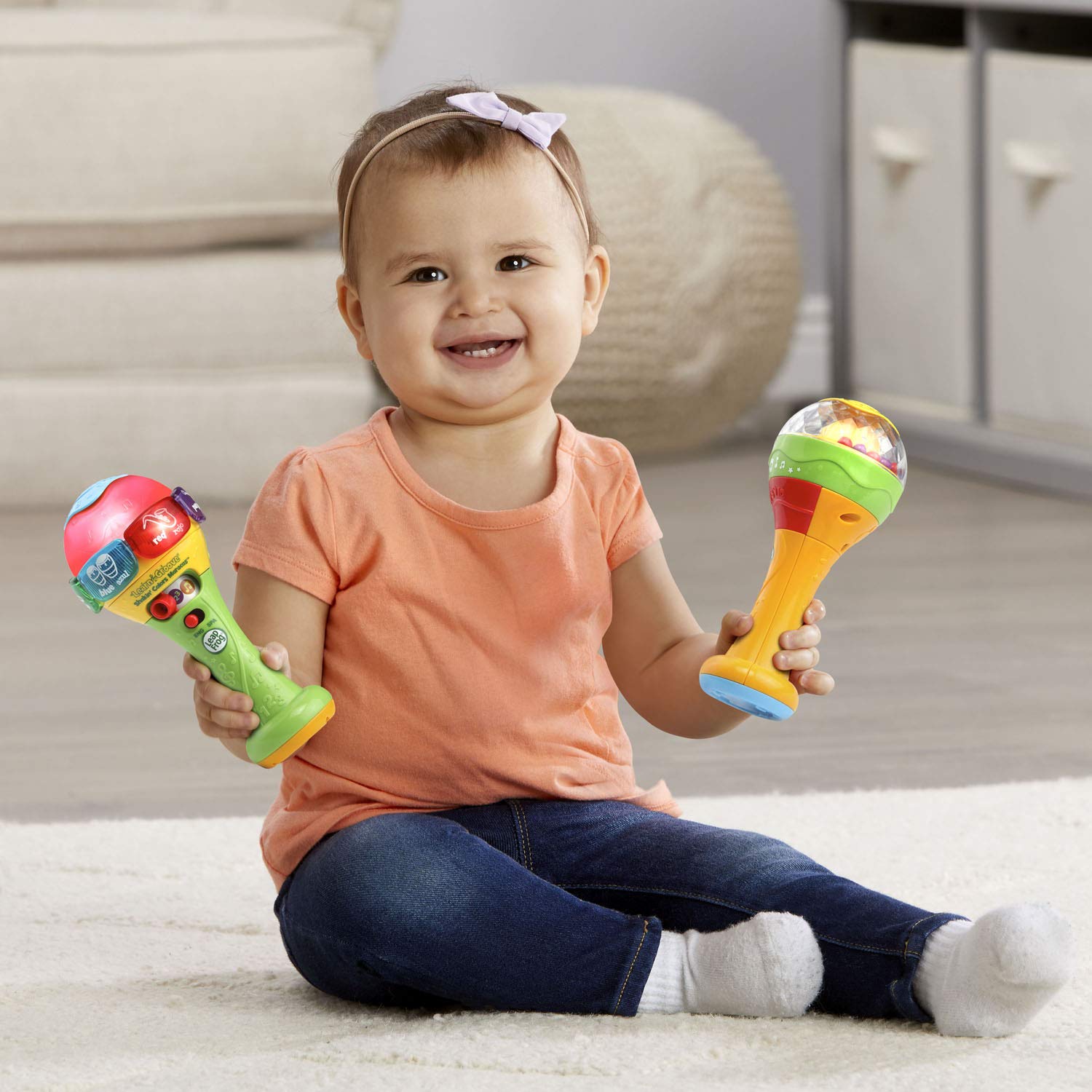 Six bright buttons reveal color and instrument names to kids