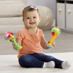 Six bright buttons reveal color and instrument names to kids