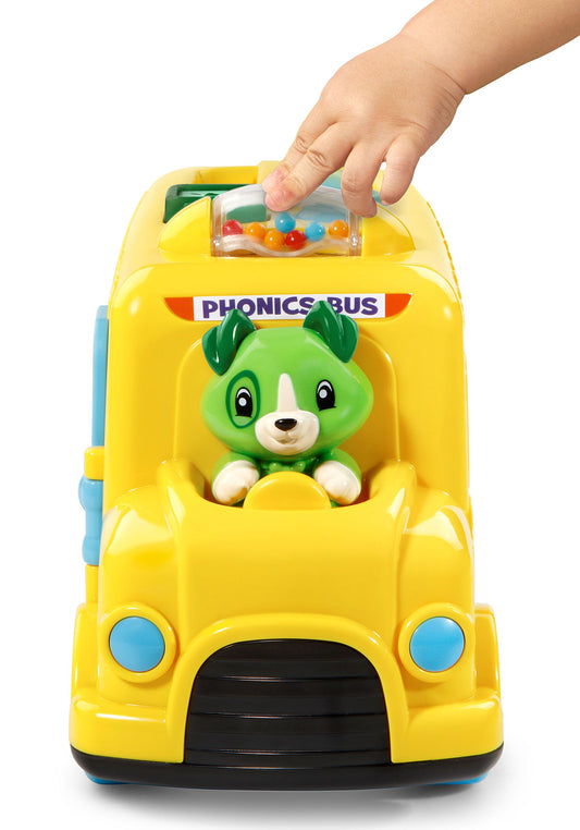 Close-up of LeapFrog bus buttons showing letter personalities and colors