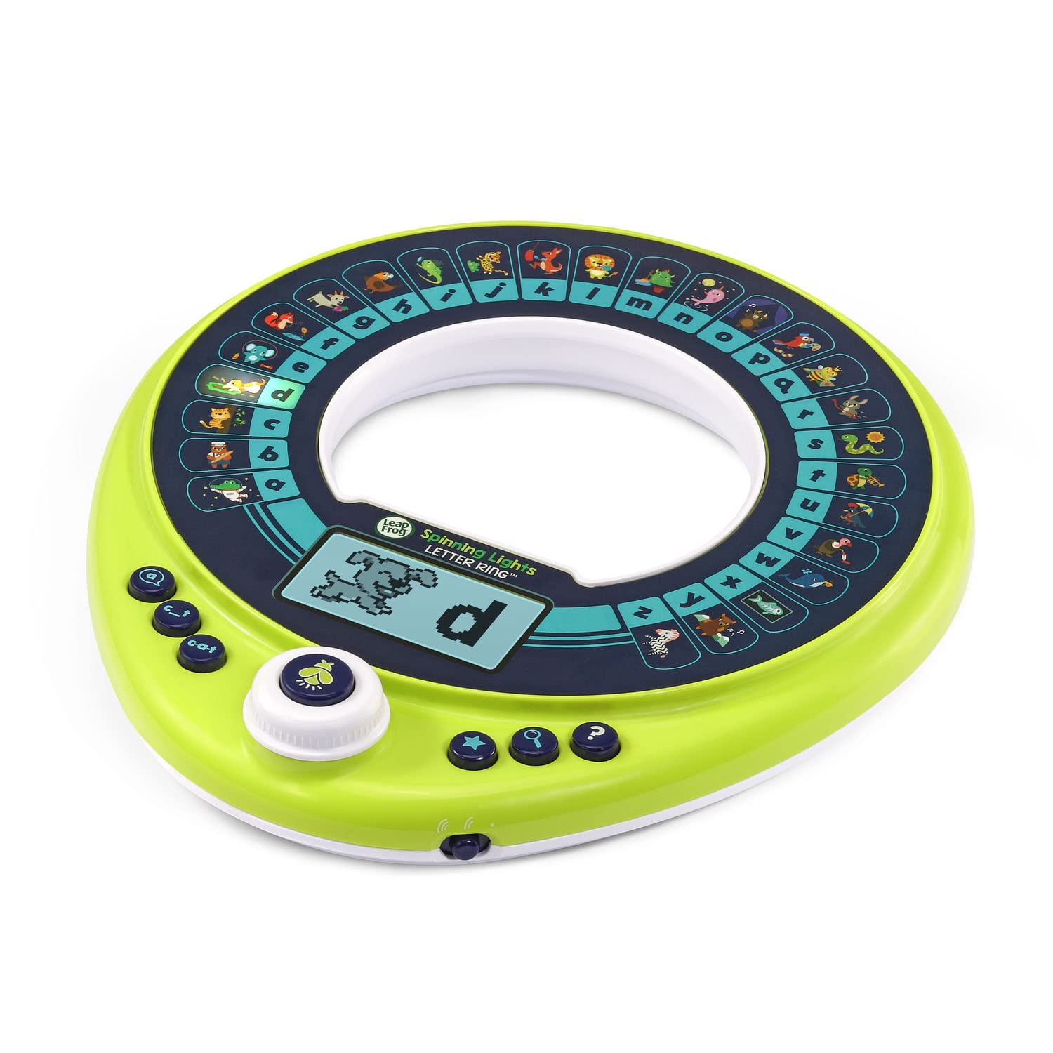 LeapFrog Spinning Lights Letter Ring shows three reading levels guiding letter practice.