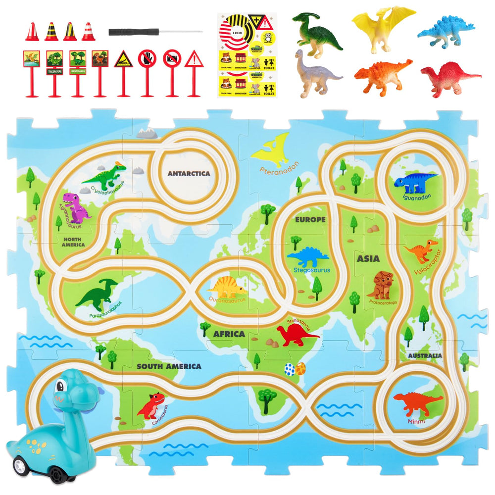 Leapio Puzzle Racer base map showing dinosaur regions for geography-inspired play.
