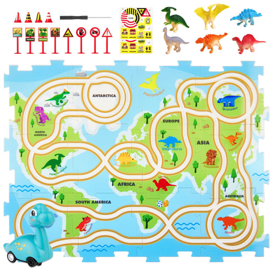 Leapio Puzzle Racer base map showing dinosaur regions for geography-inspired play.