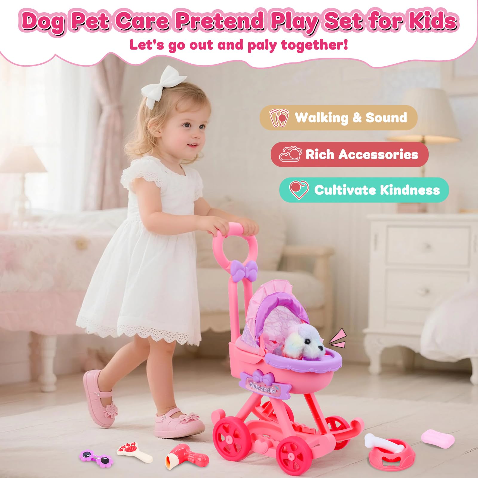 Learn2M jingle ball and leash add realistic pet care details