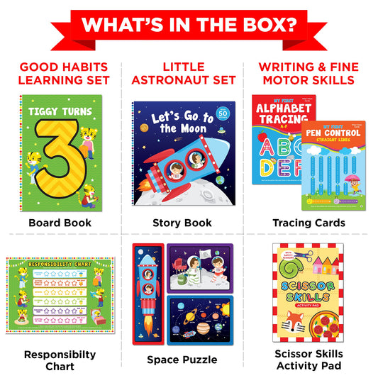 Learnabee premium books highlighting good habits and space concepts for early literacy.