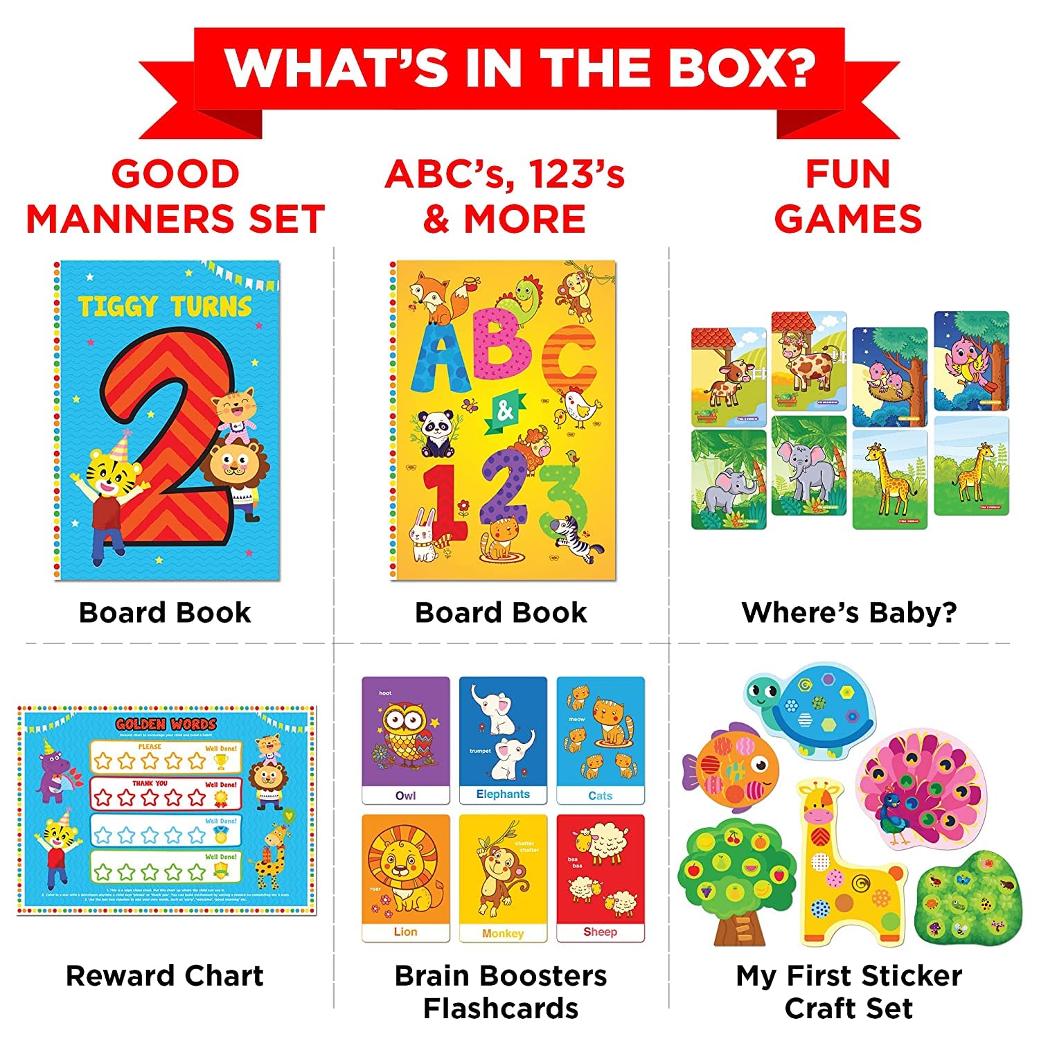 Learnabee tear-resistant board books highlight colors and letters for toddlers.