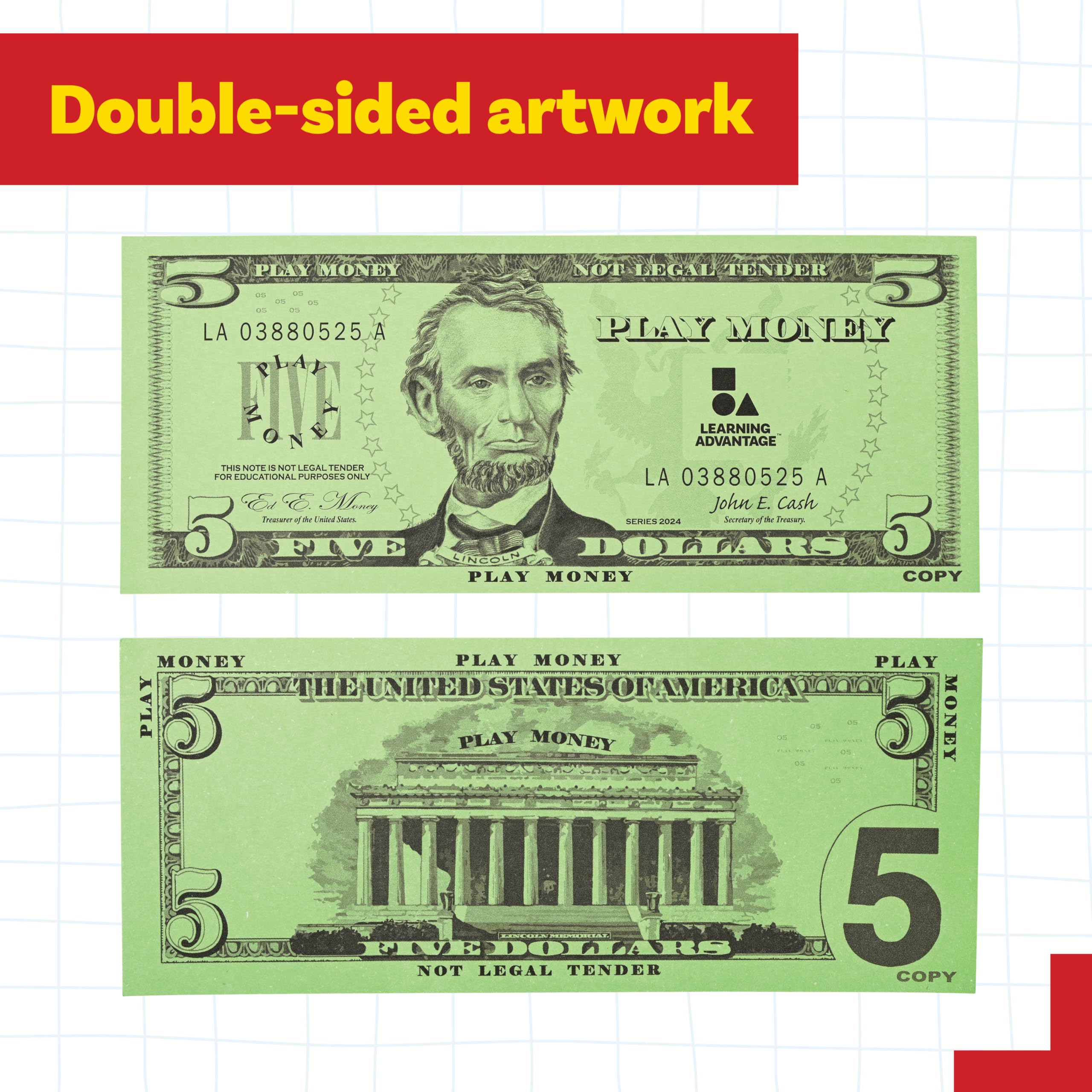 LEARNING ADVANTAGE budget-and-savings-play-money: makes chore rewards and saving goals tangible.