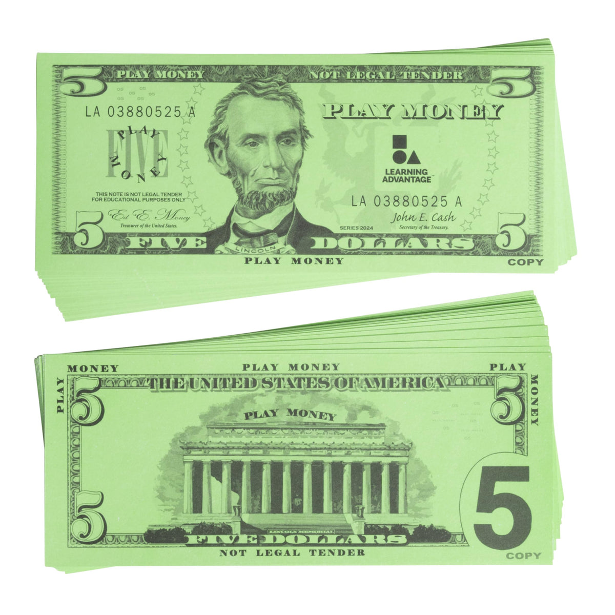 LEARNING ADVANTAGE five-dollar play bills: 100 notes for classroom math practice and pretend shopping.