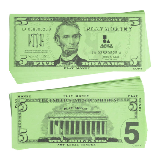 LEARNING ADVANTAGE five-dollar play bills: 100 notes for classroom math practice and pretend shopping.