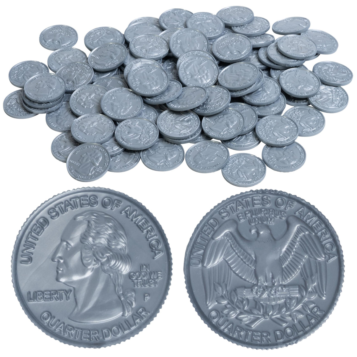 LEARNING ADVANTAGE Play Quarters coin set shows realistic plastic quarters for math and pretend play