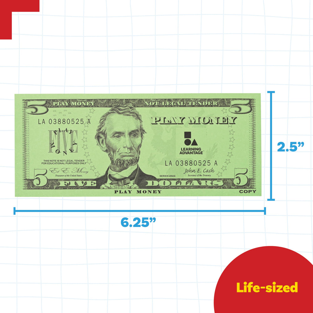 LEARNING ADVANTAGE us-currency-size: six-and-a-quarter-inch notes for realistic play.