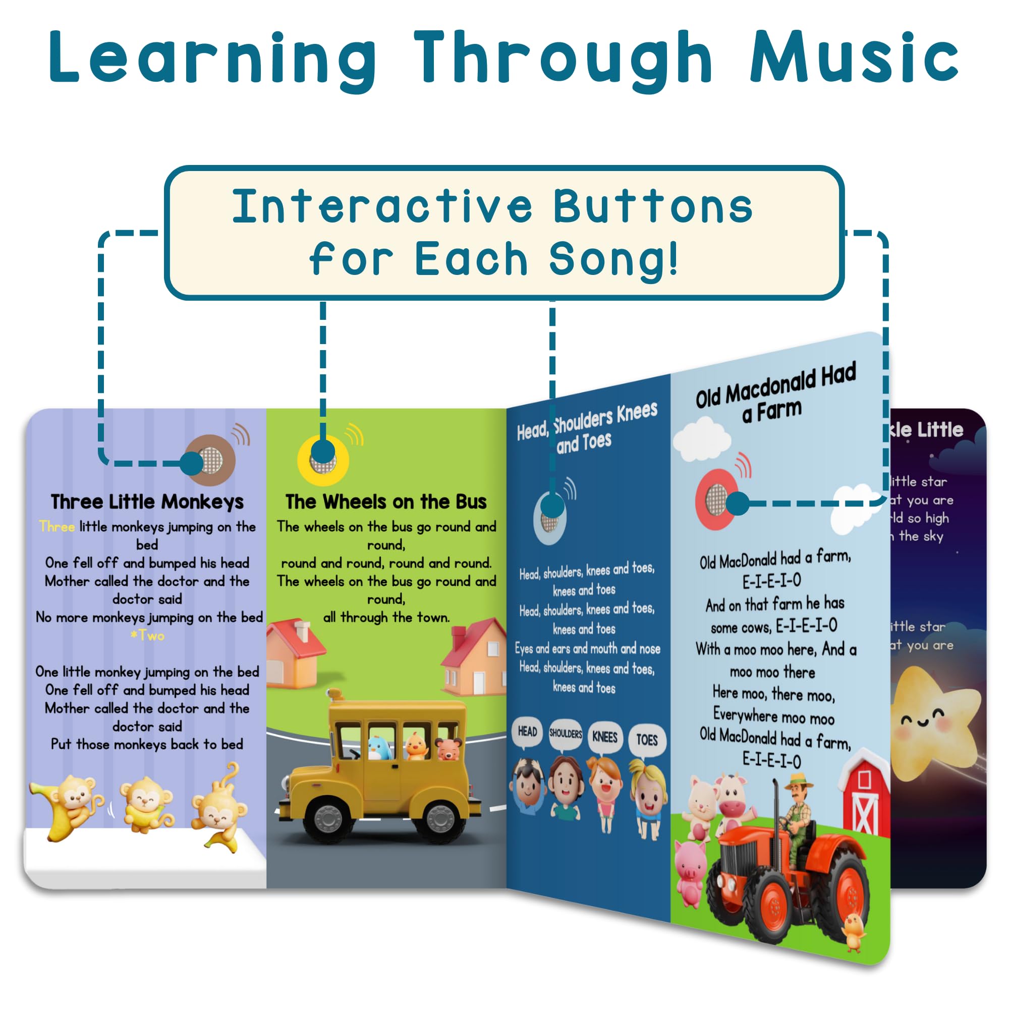 Learning Bugs 28-song-buttons-page enables interactive toddler learning.