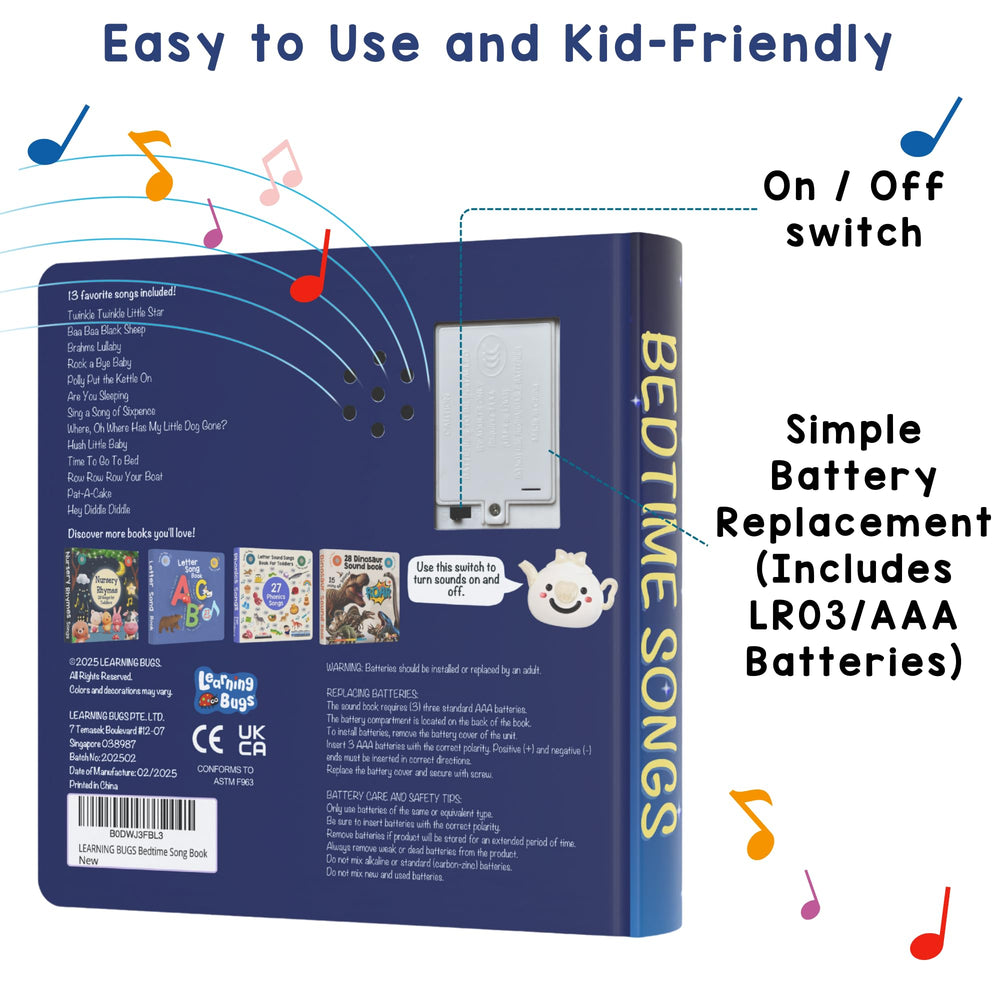 Learning Bugs battery information page shows included batteries for quick setup