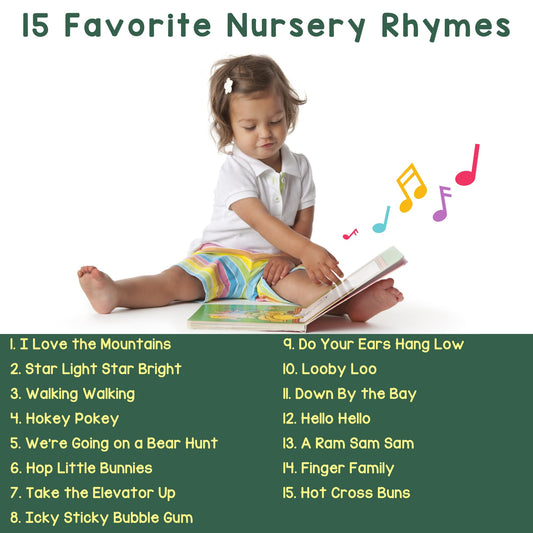 Learning Bugs Nursery Rhymes page spread with lyrics and colorful animals for language play.