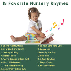 Learning Bugs Nursery Rhymes page spread with lyrics and colorful animals for language play.