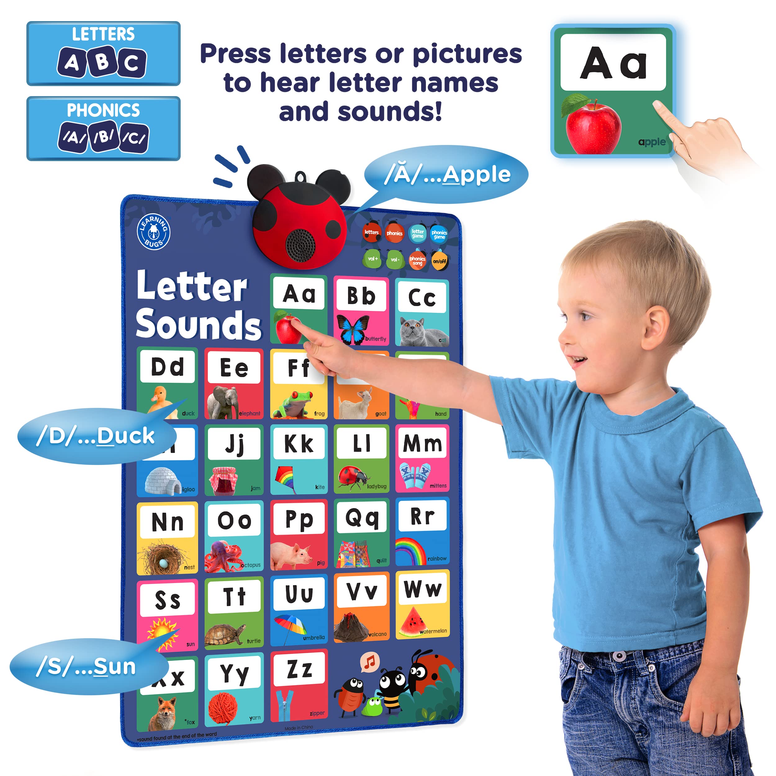 LEARNING BUGS educational modes display showing five learning activities for phonics practice.