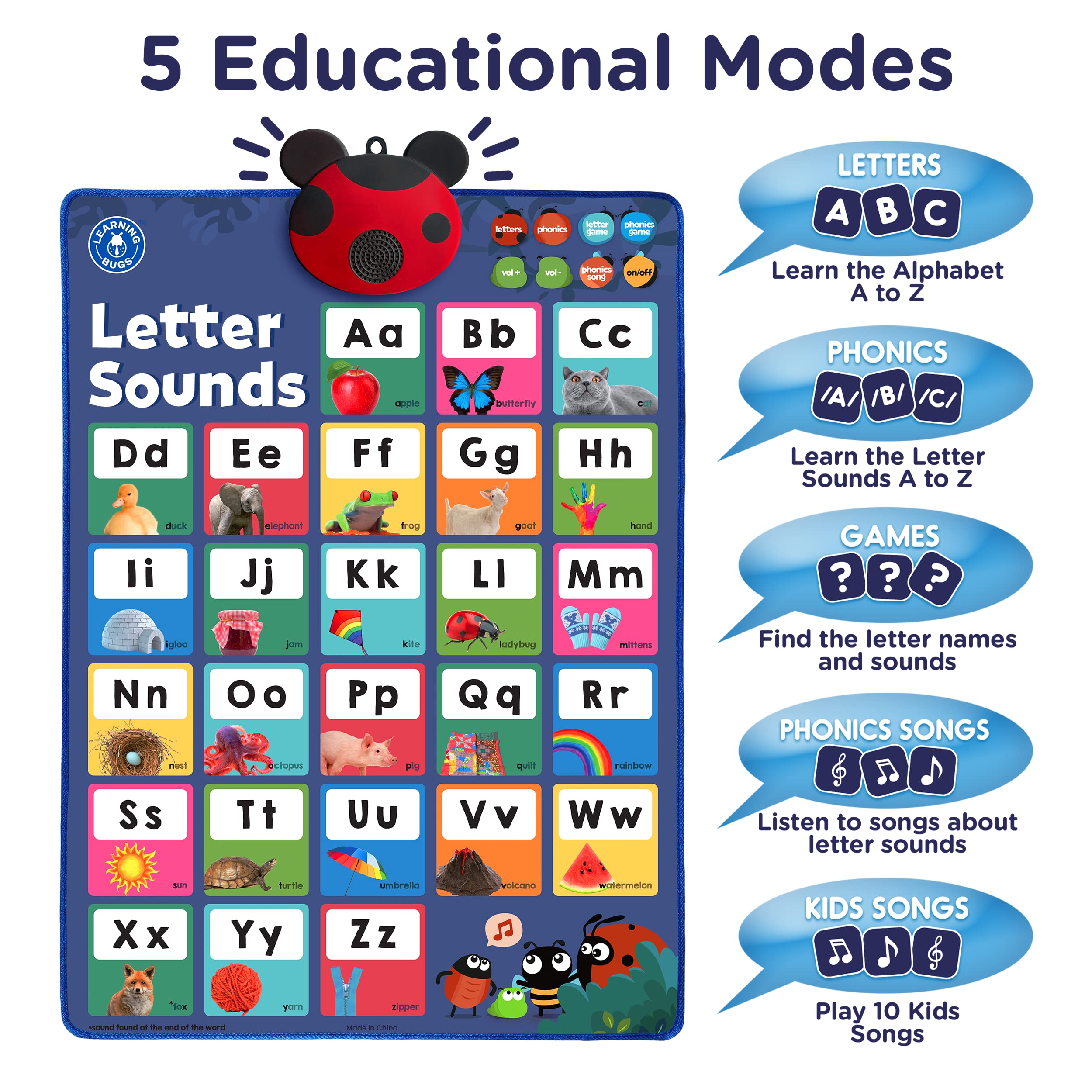 LEARNING BUGS press to learn letters poster side view highlighting A-Z sounds.
