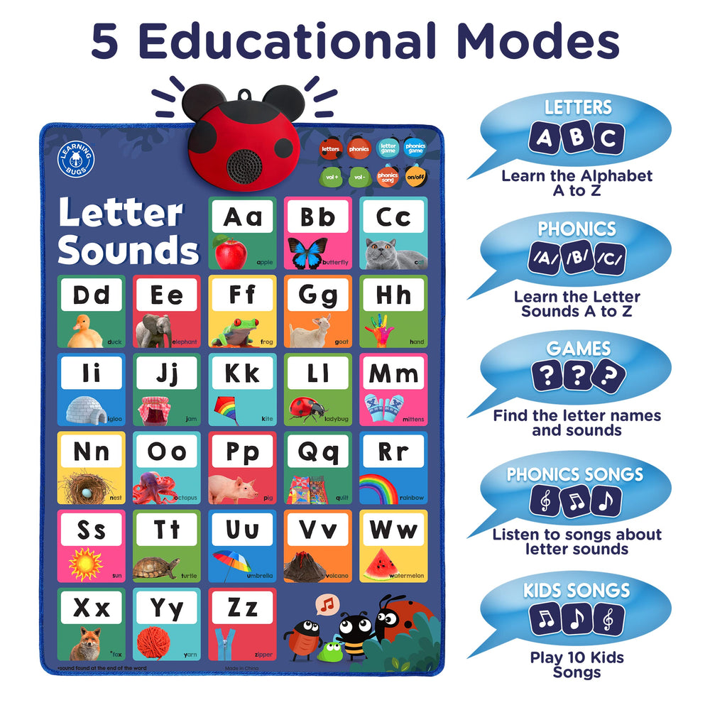 LEARNING BUGS press to learn letters poster side view highlighting A-Z sounds.