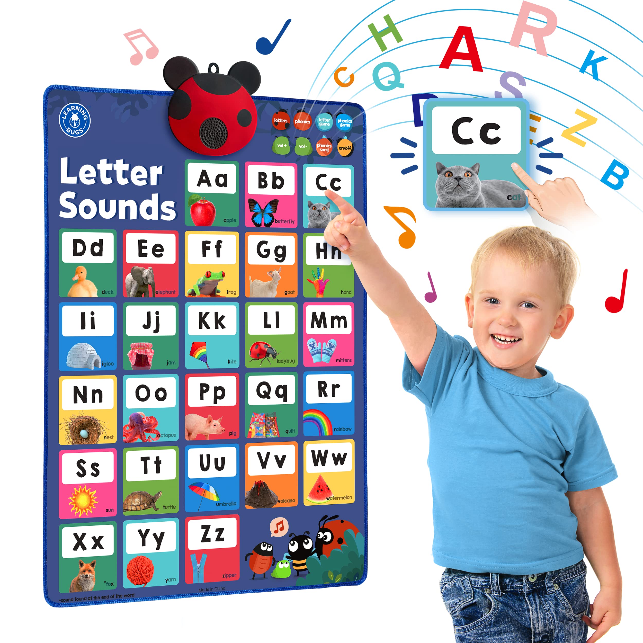 LEARNING BUGS Press to Learn phonics poster front view promoting screen-free learning.