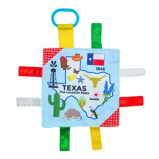 The Learning Lovey Baby Jack Texas state tag stroller toy promoting sensory play on the go.