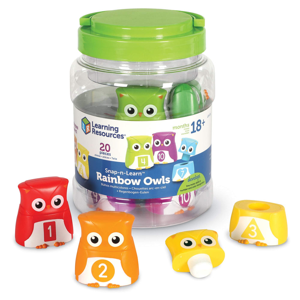 Learning Resources Snap-n-Learn Rainbow Owls bucket for tidy storage after play.