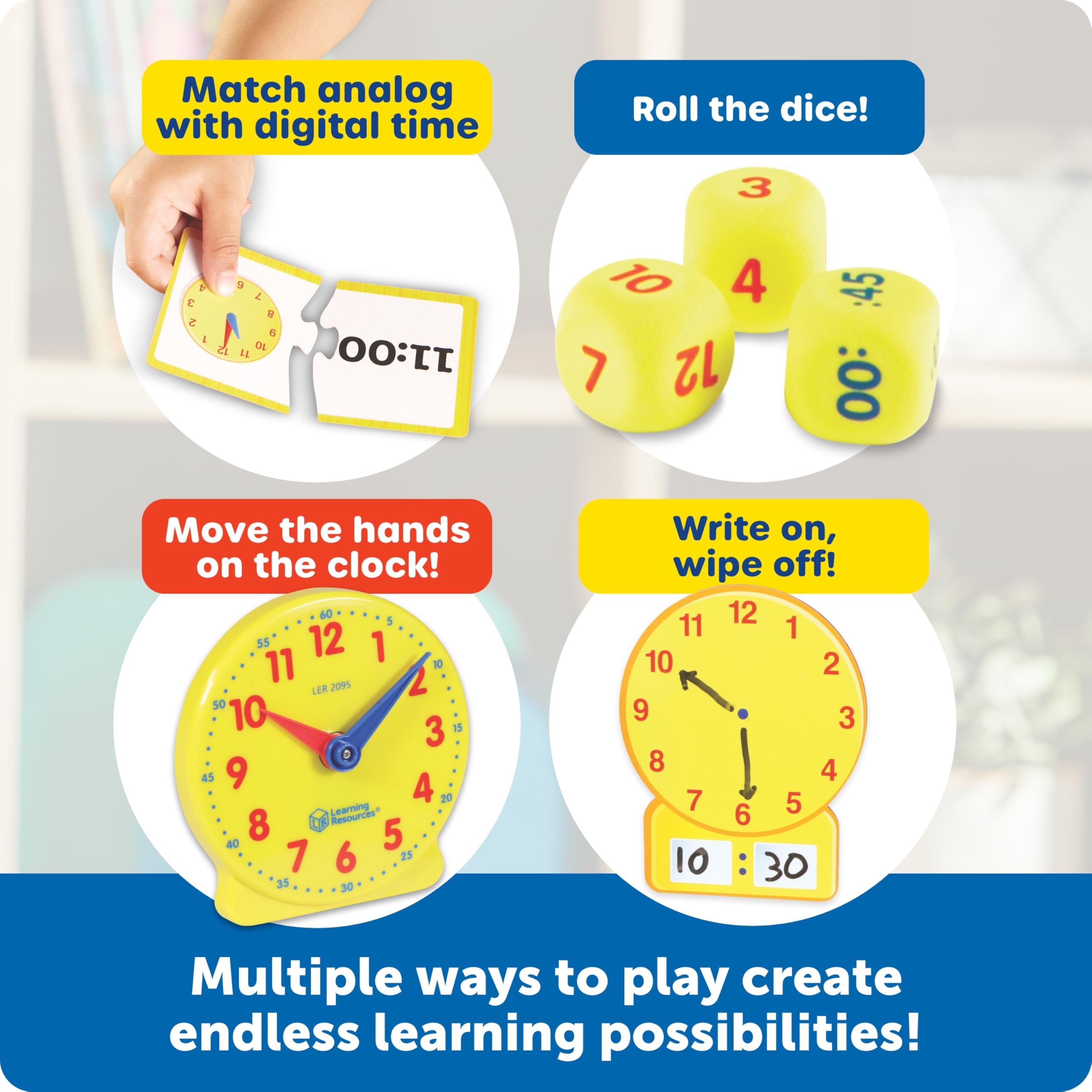 Learning Resources Time Activity Set dry-erase board supports reusable lessons.