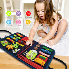 LearnToy Busy Board zipper-page design builds basic coordination and collaborative play on the go