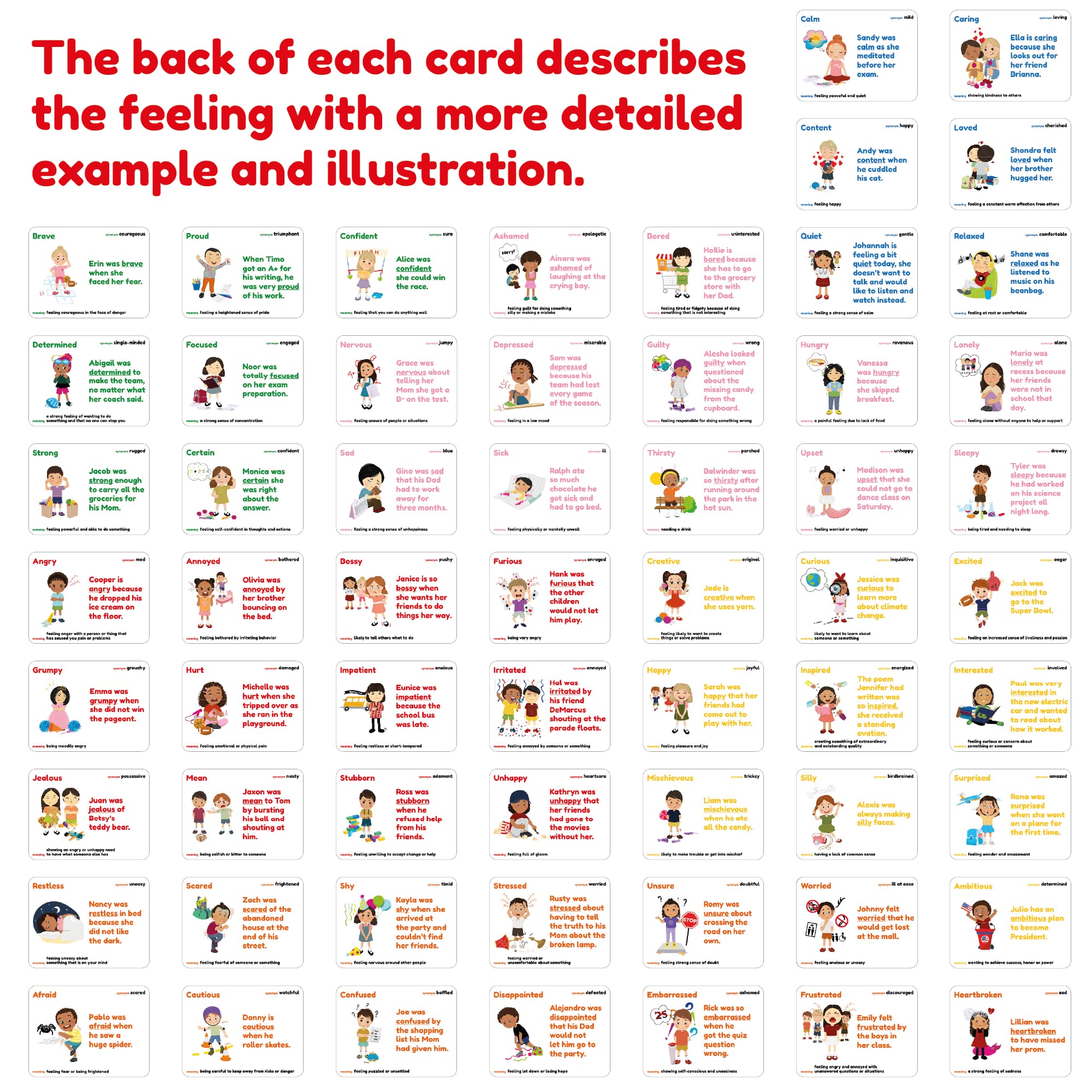 Learnworx Bright color illustrations on emotion cards spark attention and memory during learning.