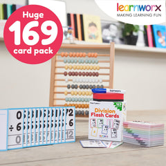 Learnworx division flash card back shows answer for self-checking