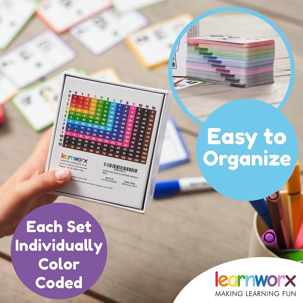 Learnworx division flash cards measure 2.25 by 3.5 inches for portability