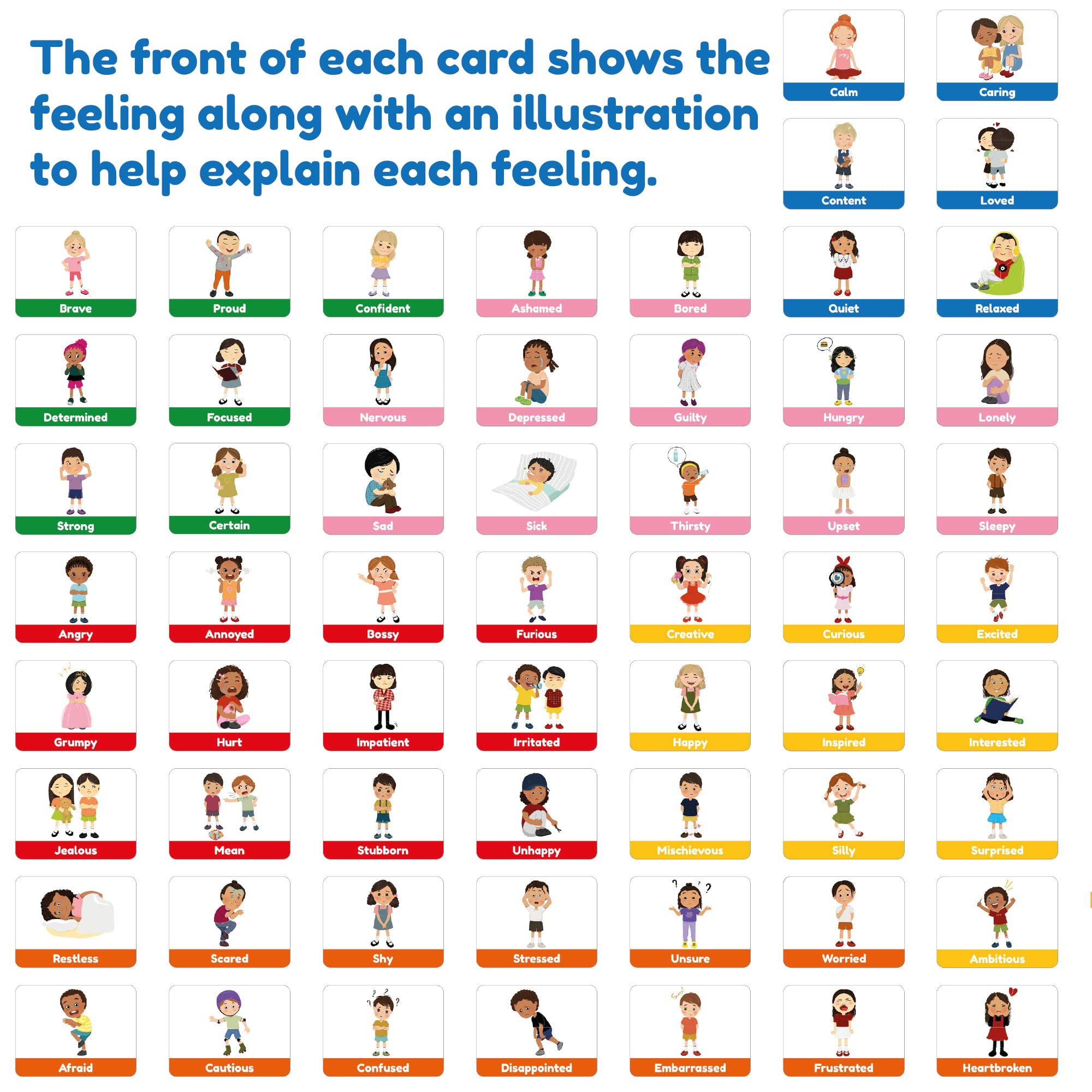 Learnworx Cards measure five-by-three-point-seven-five inches with vivid colors for quick emotion recognition.