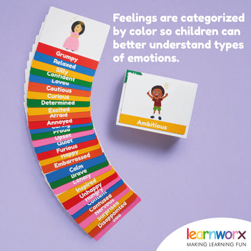 Learnworx Emotion Cards with front emotion and back real-life scenarios to discuss feelings.