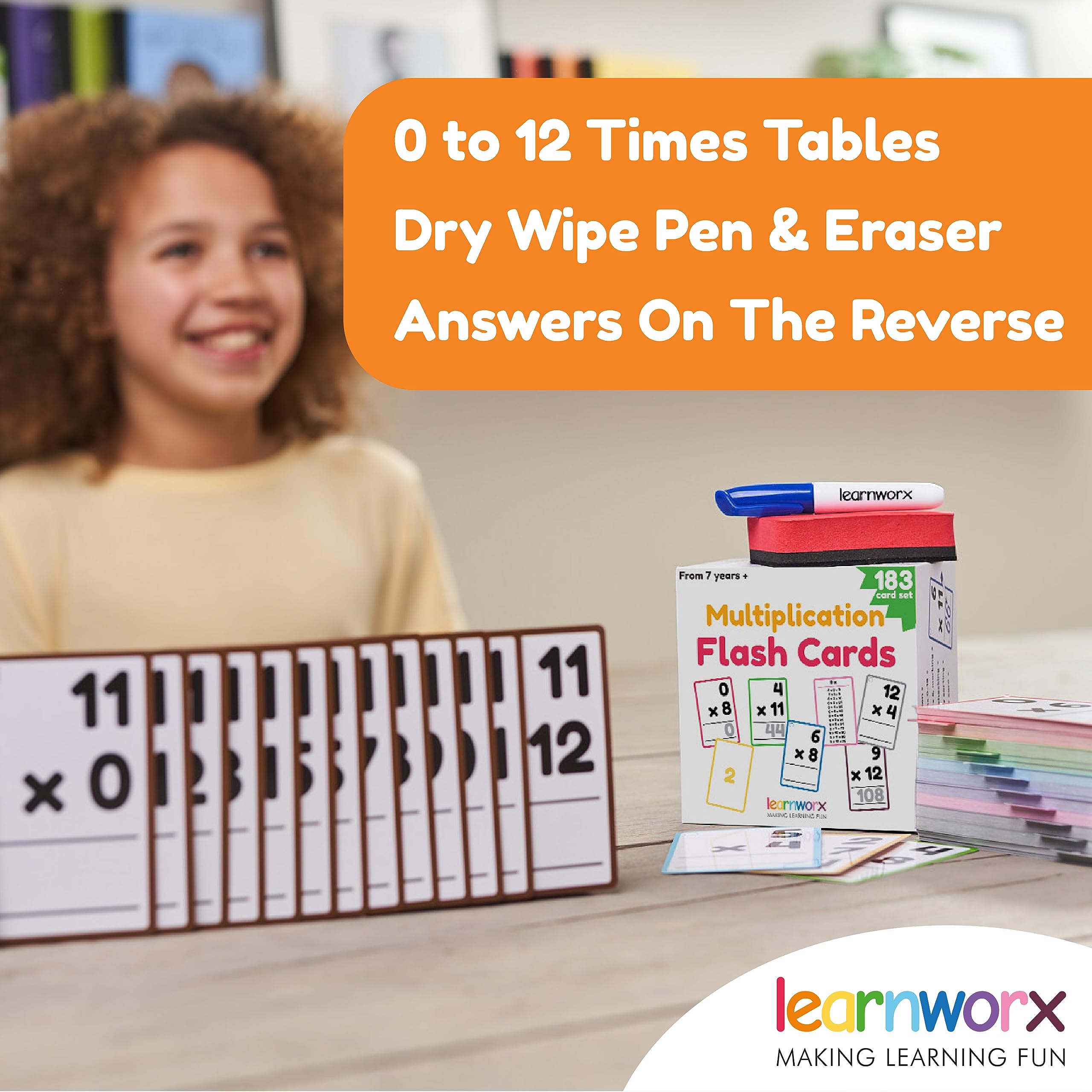 Learnworx multiplication flash cards back view showing the answer for self-check.