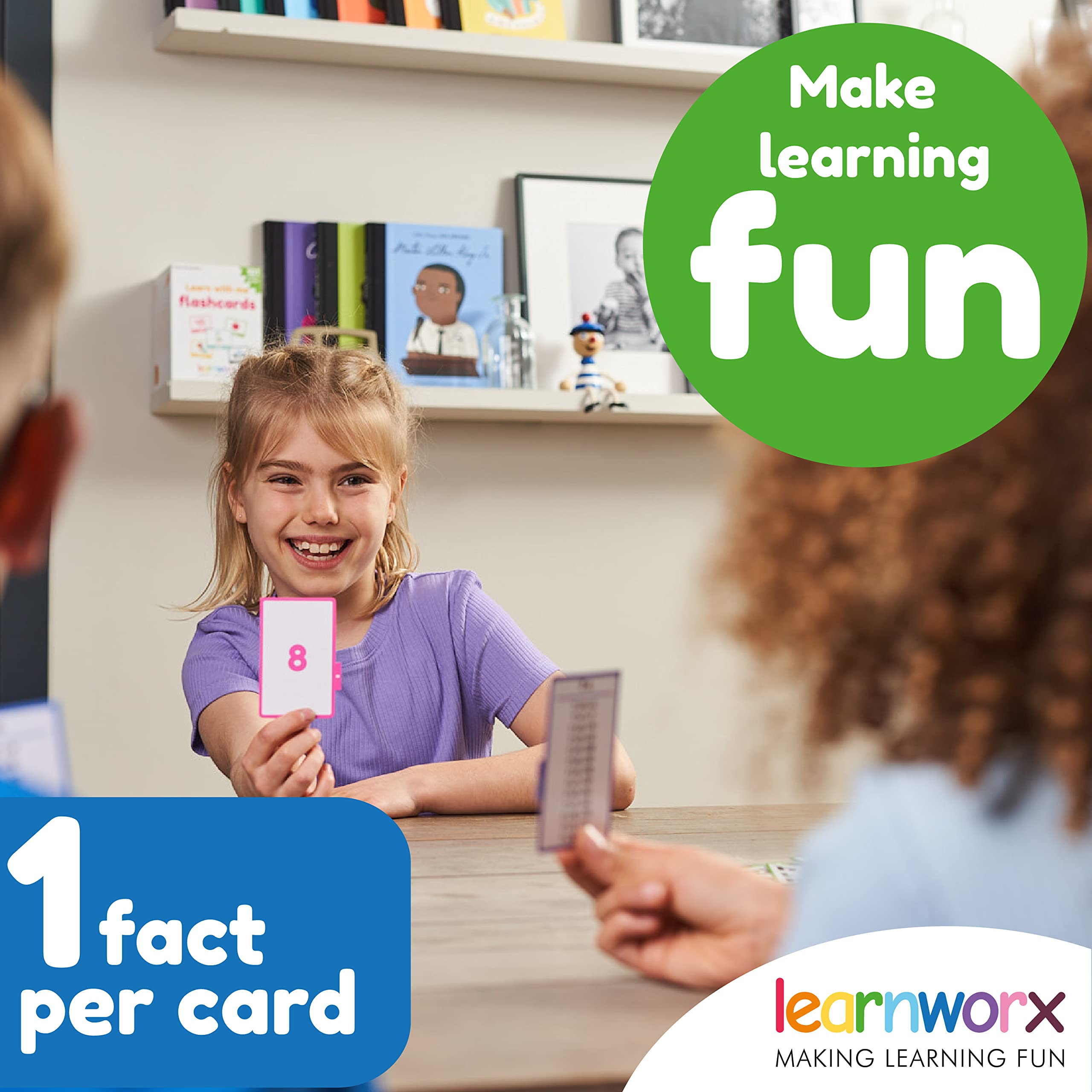 Learnworx color-coded flash cards guiding kids through times tables visually.