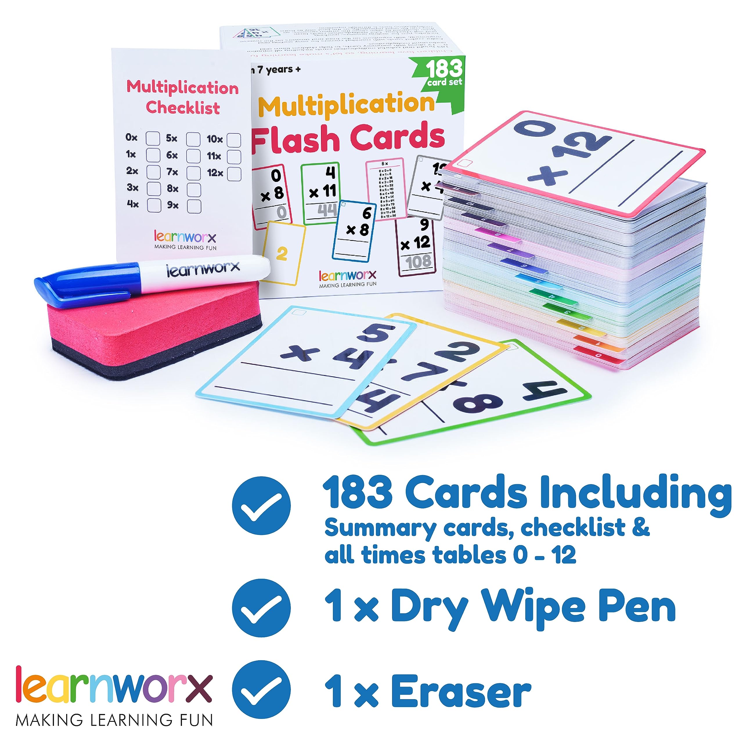 Learnworx dry-erase compatible cards with wipe-clean marker for repeated practice.