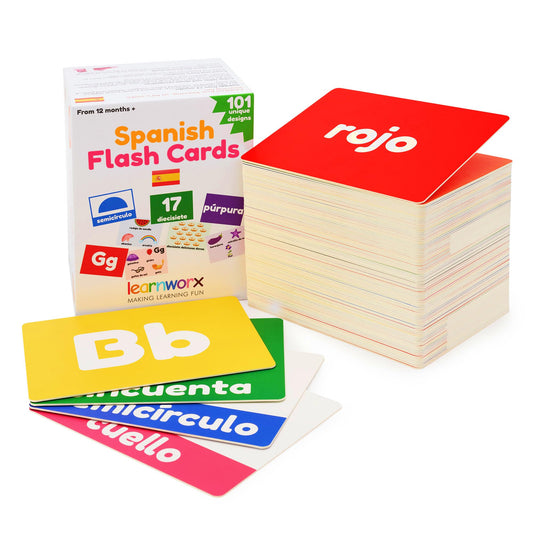 Learnworx Spanish flash cards box showing full set, durable storage for busy families.