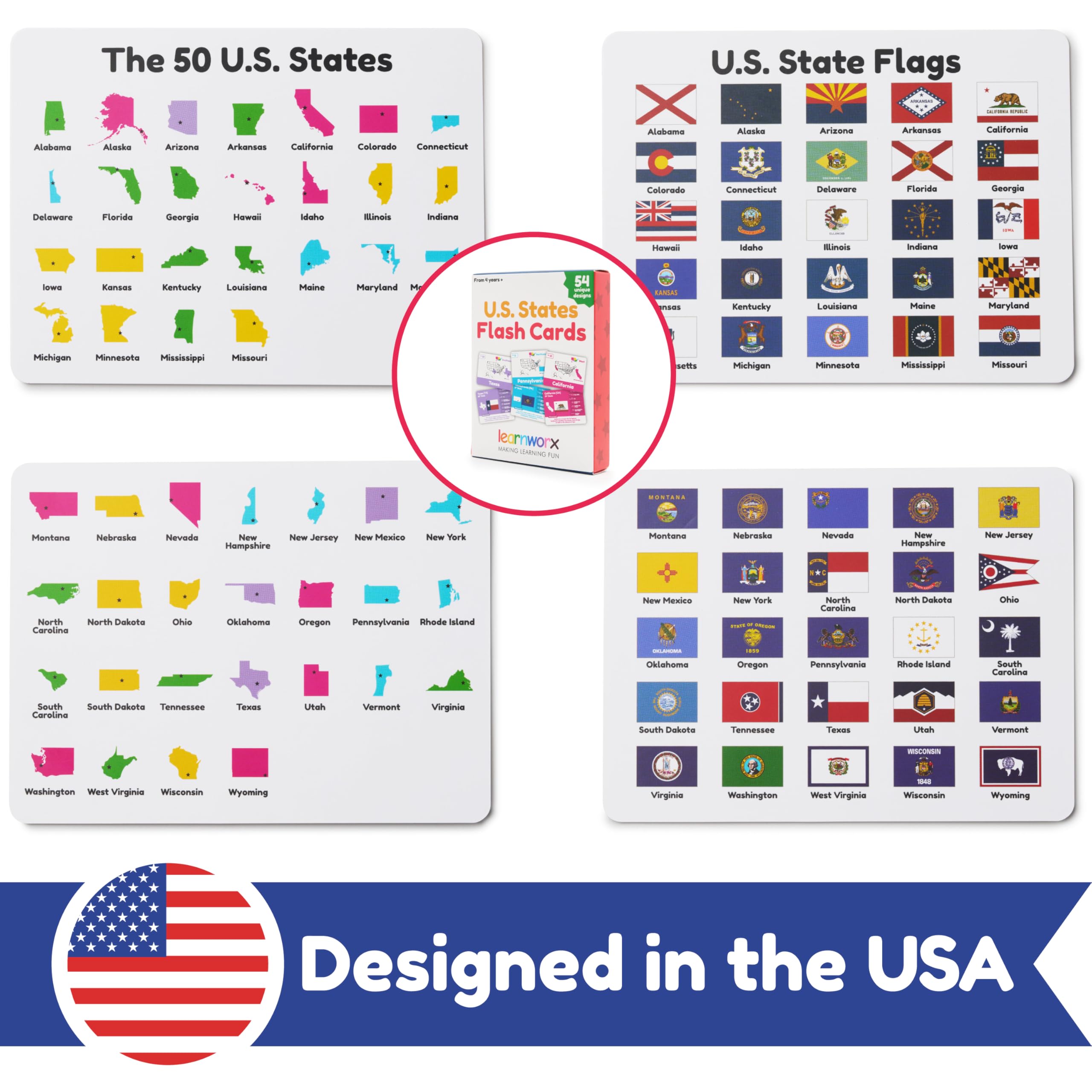 Learnworx state bird and flower icons help regional recognition and memory.