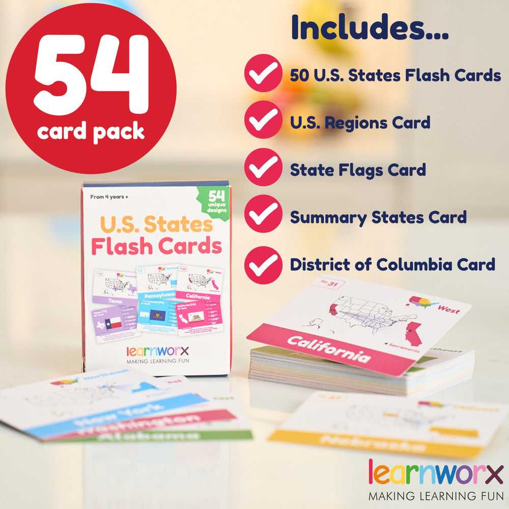 Learnworx US states cards highlight capitals with vibrant art to aid memorization.