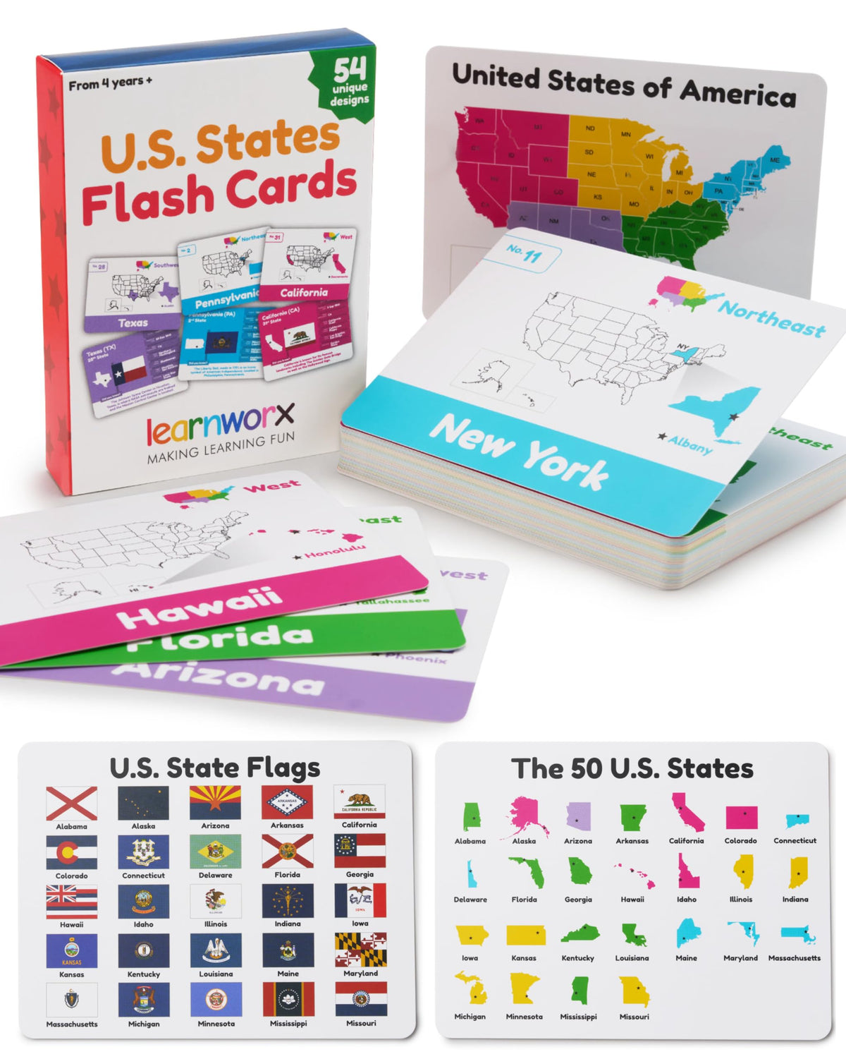 Learnworx US states flash cards cover showing colorful state illustrations to boost early geography skills.