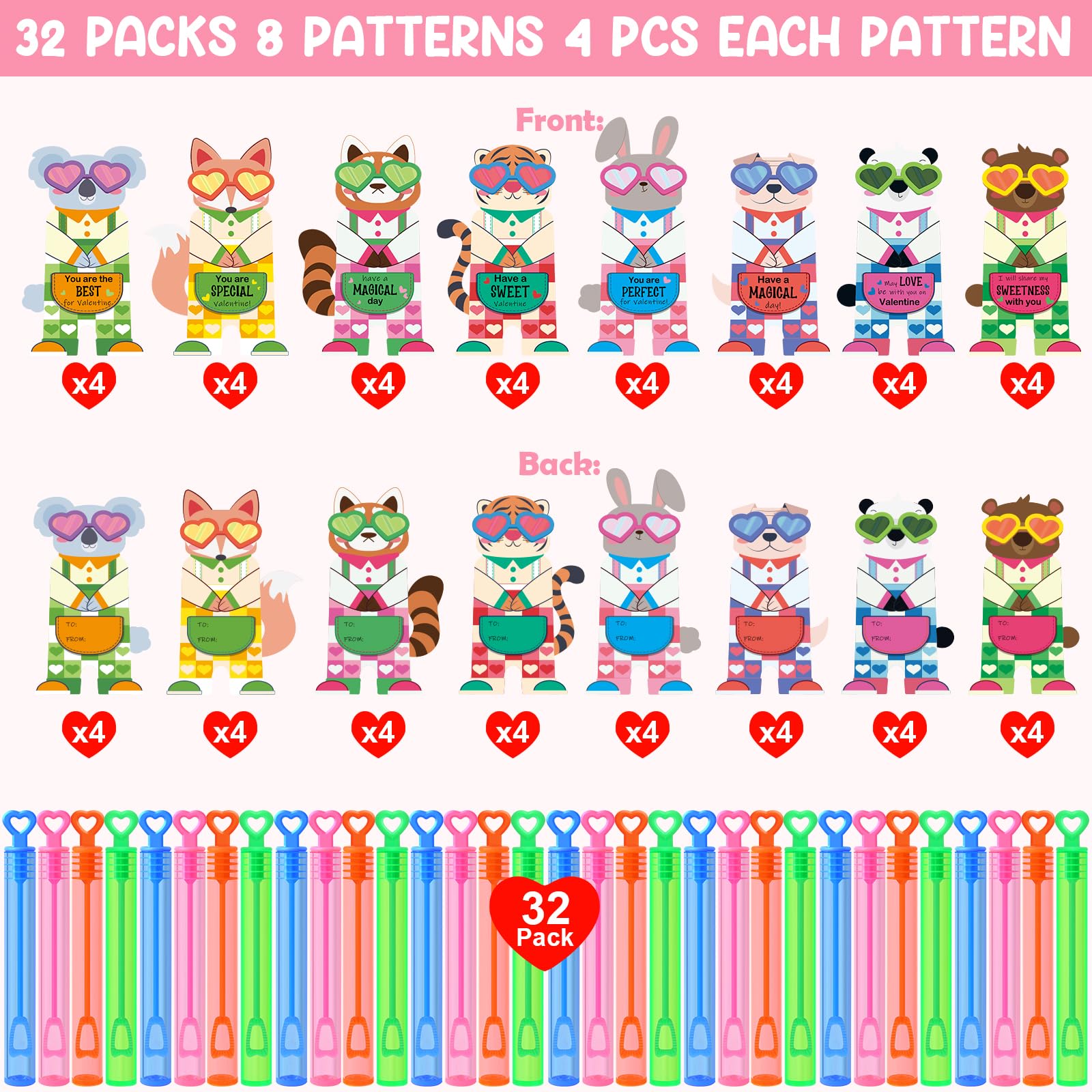 LEASEN animal-themed Valentines cards hugging bubble wands for party favors.