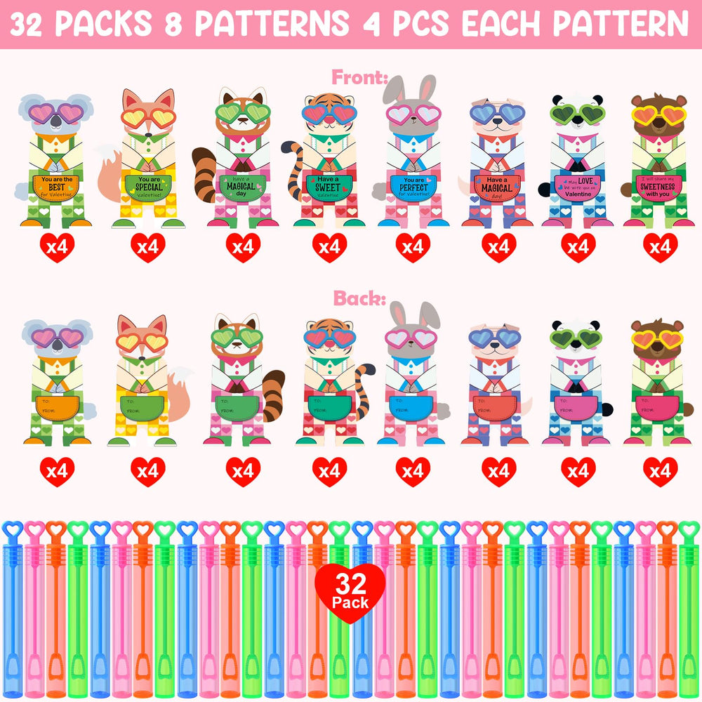 LEASEN animal-themed Valentines cards hugging bubble wands for party favors.