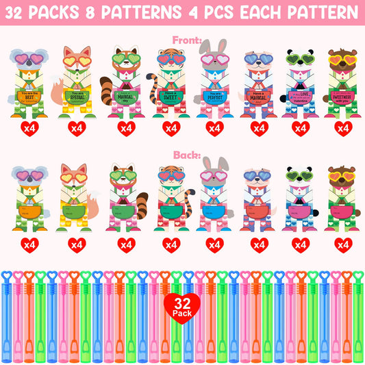 LEASEN animal-themed Valentines cards hugging bubble wands for party favors.