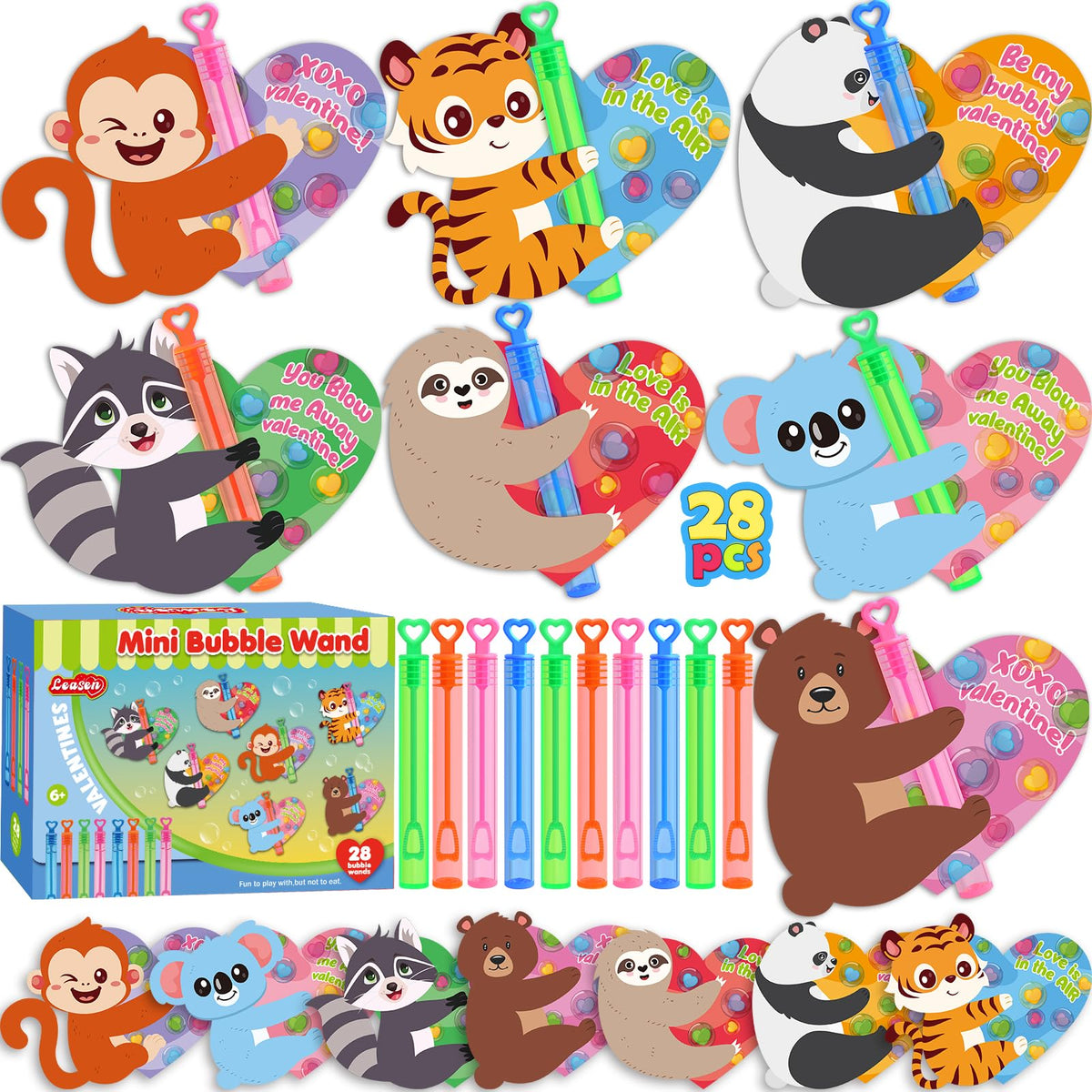 LEASEN Valentines bubble wands set in four colors, ideal for classroom exchanges.
