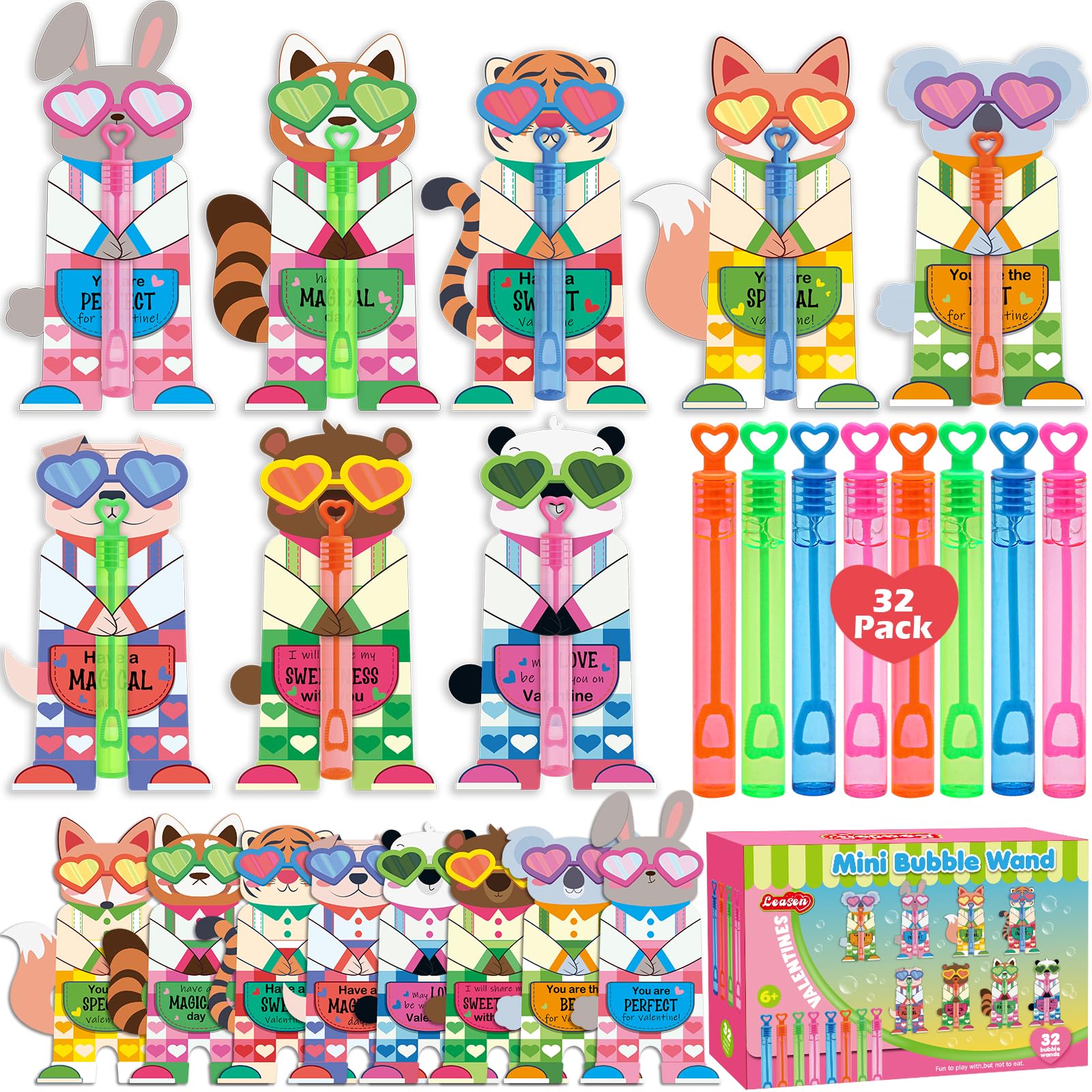 LEASEN Valentines mini bubble wands with animal cards for classroom sharing.
