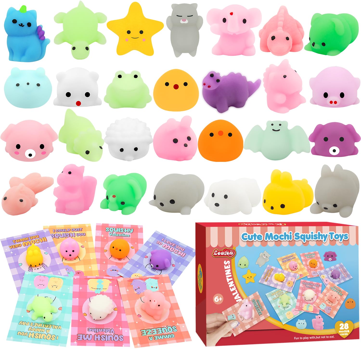 LEASEN valentines squishies 28-pack for classroom celebrations with color and texture