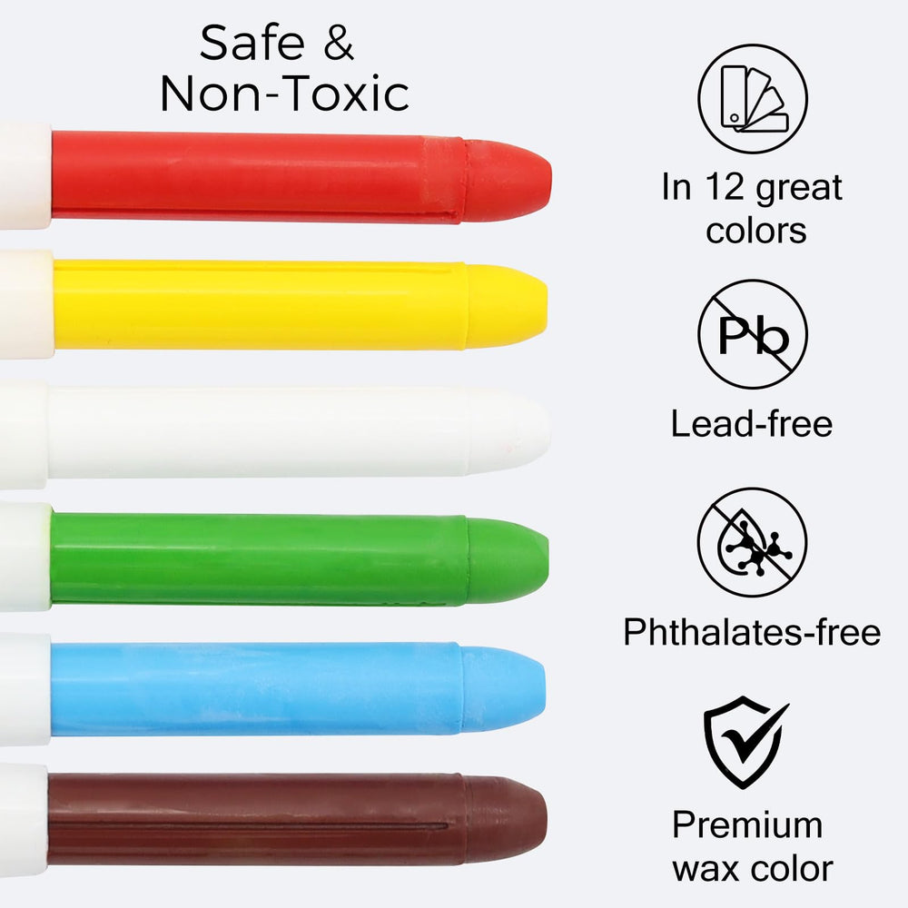 Lebze silky washable crayons close-up highlights smooth glide and easy soap-and-water cleanup.
