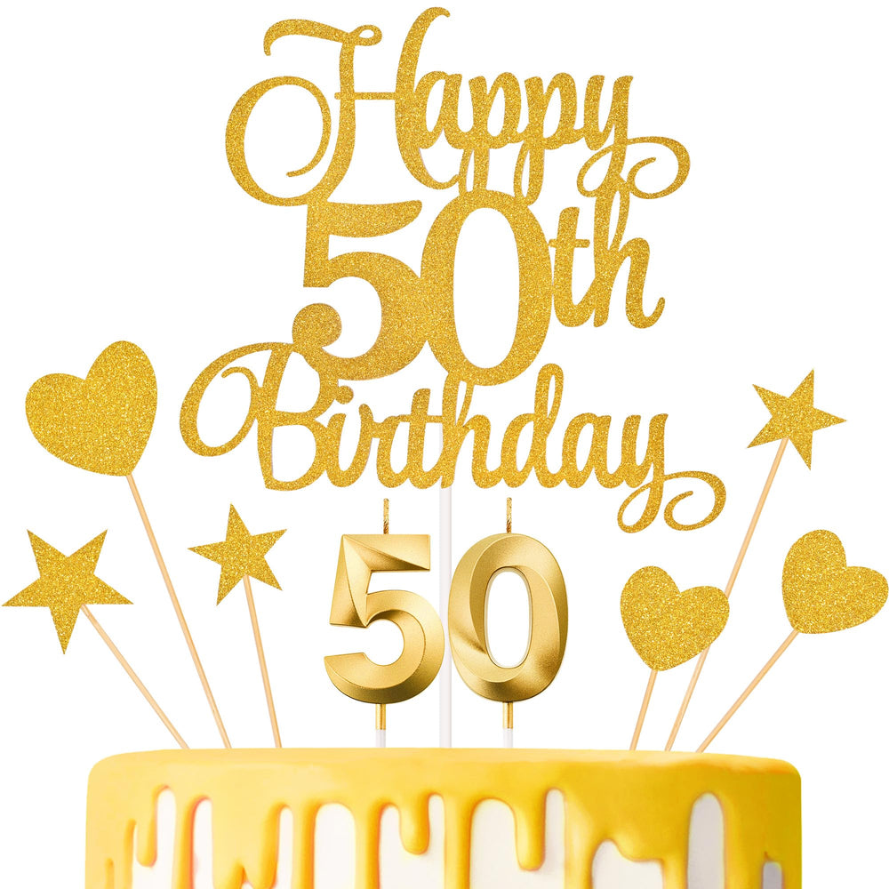 Lecferrarc 50th birthday topper with gold glitter for elegant cake decoration.