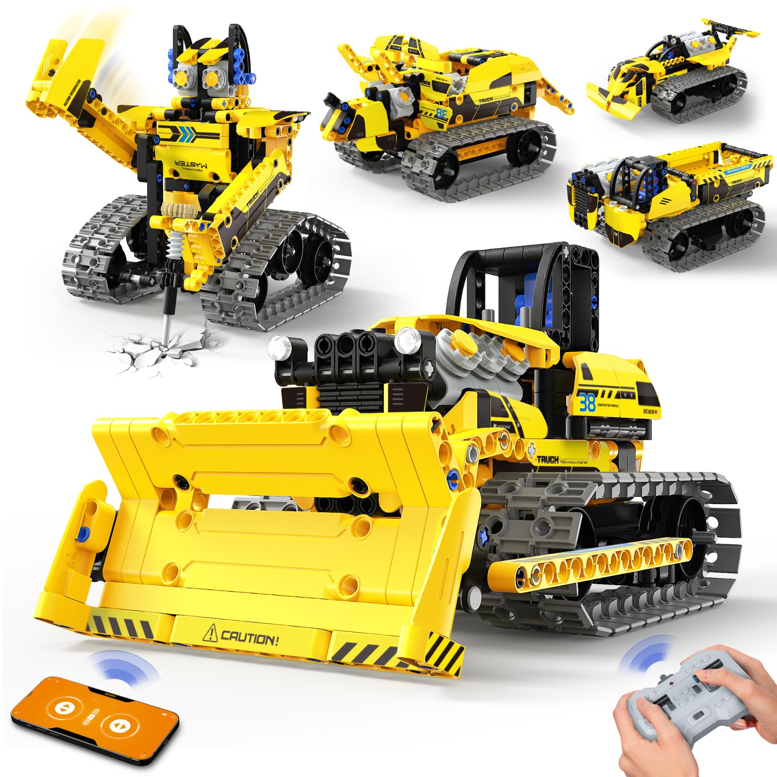 LECPOP 5-in-1 robot building kit showcasing bulldozer model for creative play.